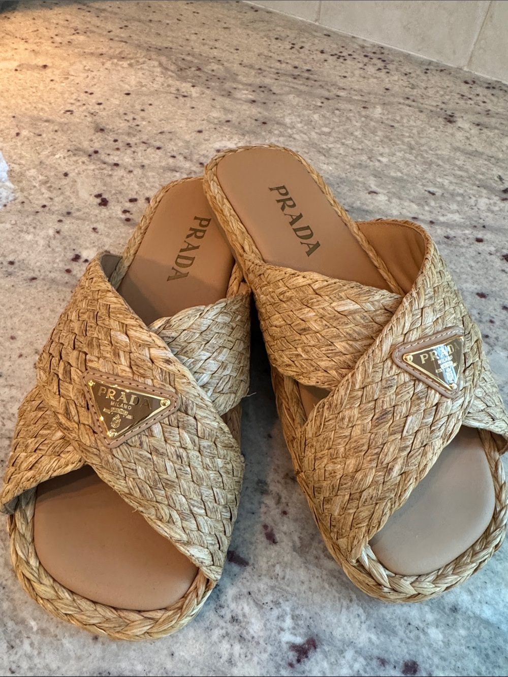 Prada Natural Raffia Crisscross Slide Sandals with Gold Logo - Picture 7 of 9